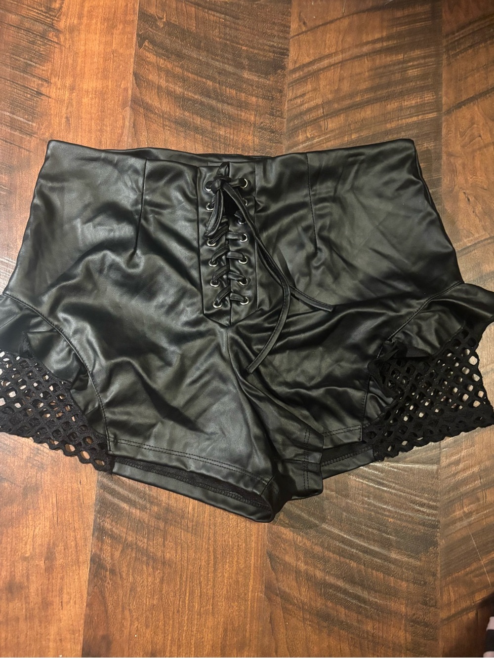 Spirit High-Waist Black Lace-Up Faux Leather Shorts with Crochet Sides